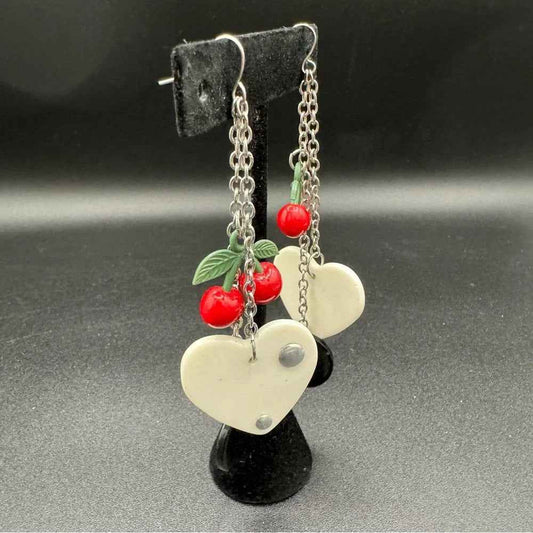 Earrings90s Kitsch Red Cherry & Heart Dangle Earrings — Harajuku Style