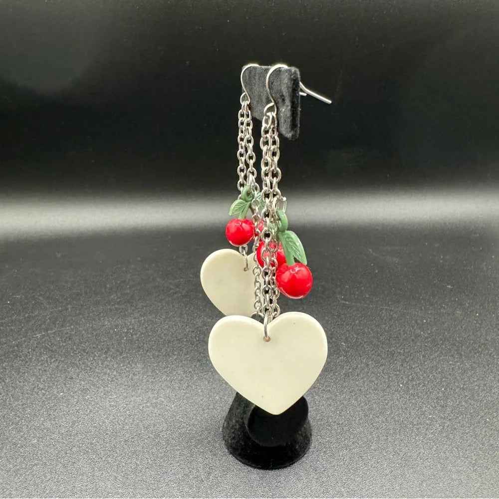 Earrings90s Kitsch Red Cherry & Heart Dangle Earrings — Harajuku Style