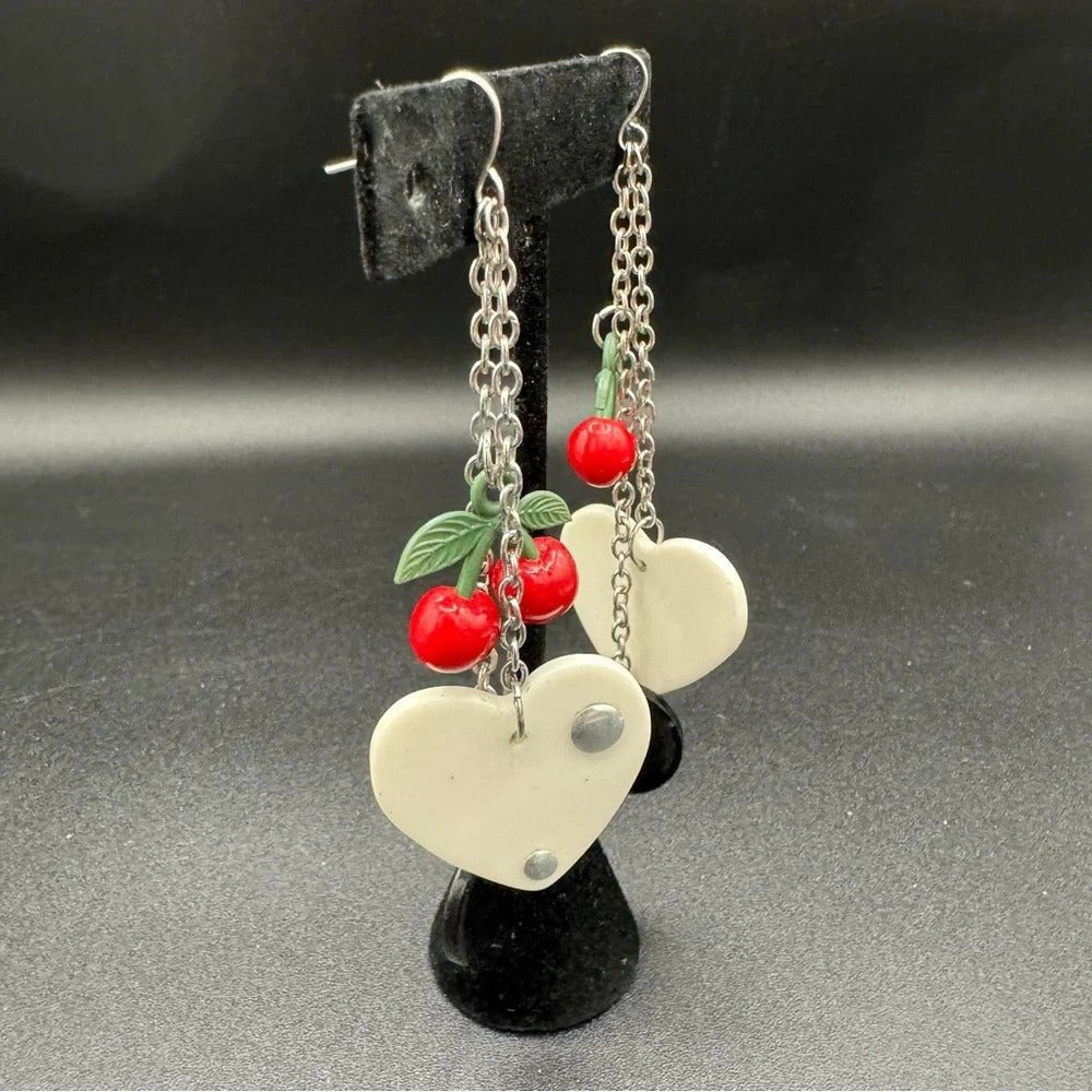 Earrings90s Kitsch Red Cherry & Heart Dangle Earrings — Harajuku Style