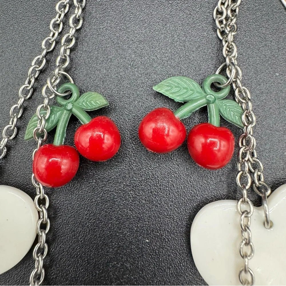 Earrings90s Kitsch Red Cherry & Heart Dangle Earrings — Harajuku Style