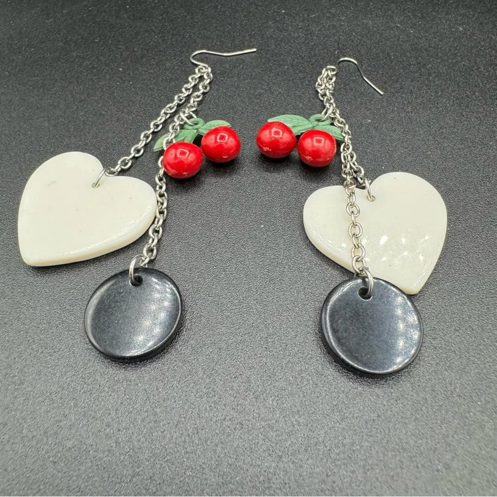 Earrings90s Kitsch Red Cherry & Heart Dangle Earrings — Harajuku Style