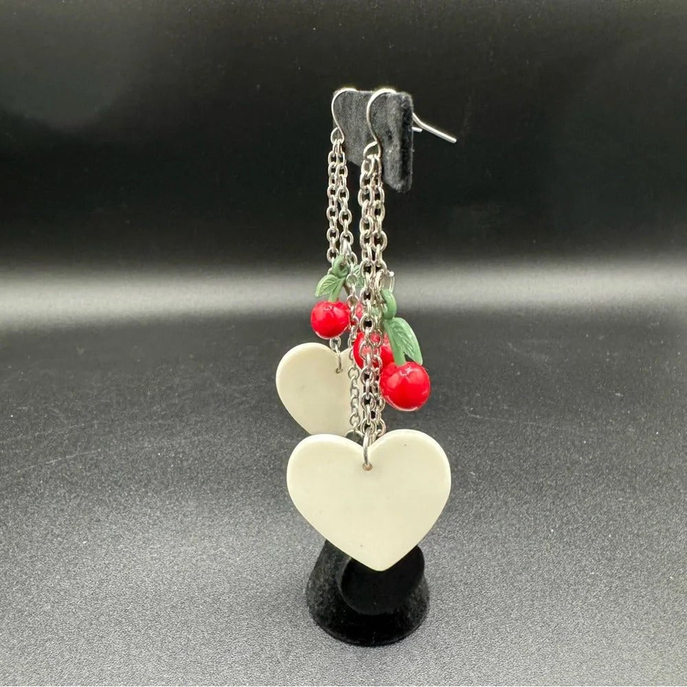 Earrings90s Kitsch Red Cherry & Heart Dangle Earrings — Harajuku Style