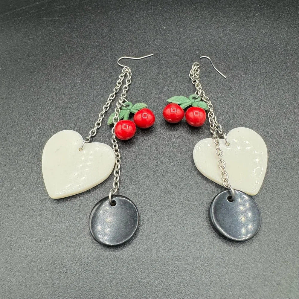 Earrings90s Kitsch Red Cherry & Heart Dangle Earrings — Harajuku Style