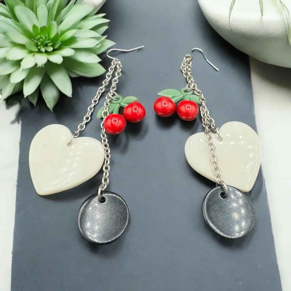 Earrings90s Kitsch Red Cherry & Heart Dangle Earrings — Harajuku Style