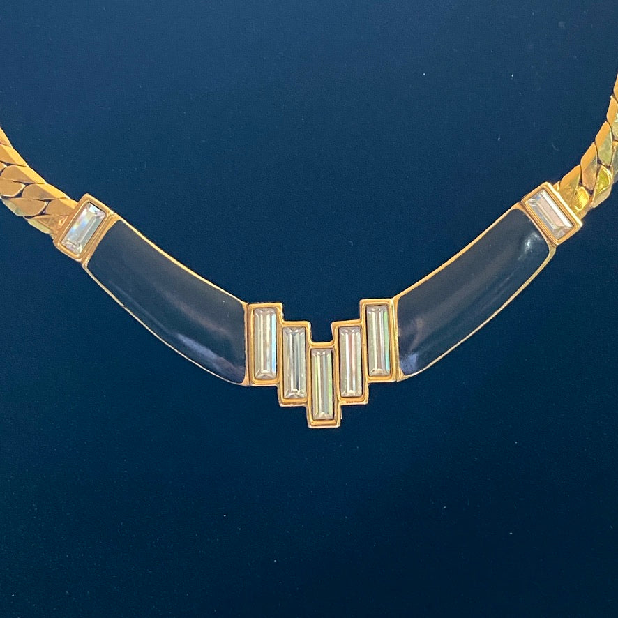 Art Deco Monet Necklace 22K Triple Gold Plated with Black Enamel and Baguette Rhinestones