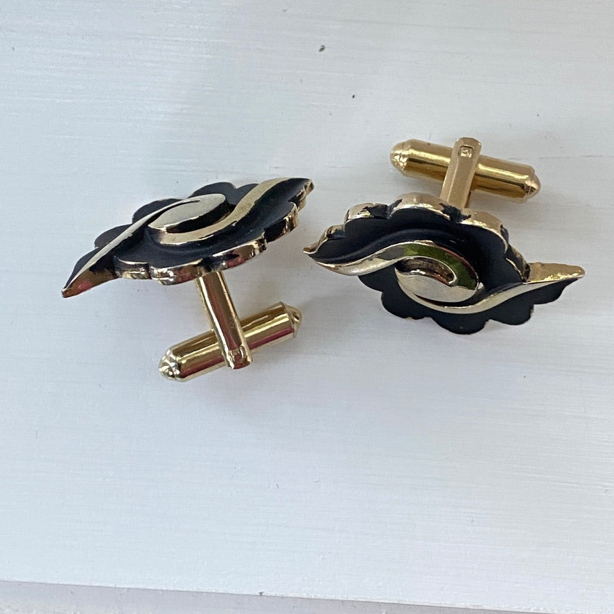 Vintage Kreisler Craft Cufflinks 10k Gold Plated with Black Enamel and Scalloped Design