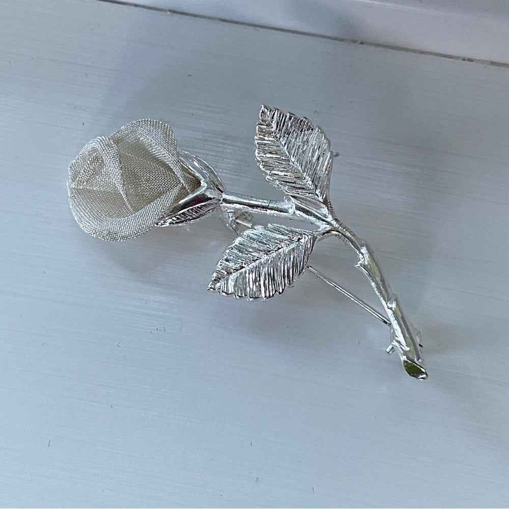BroochesAnne Klein Brooch - Floral Rose Pin in Mesh Silver Tone