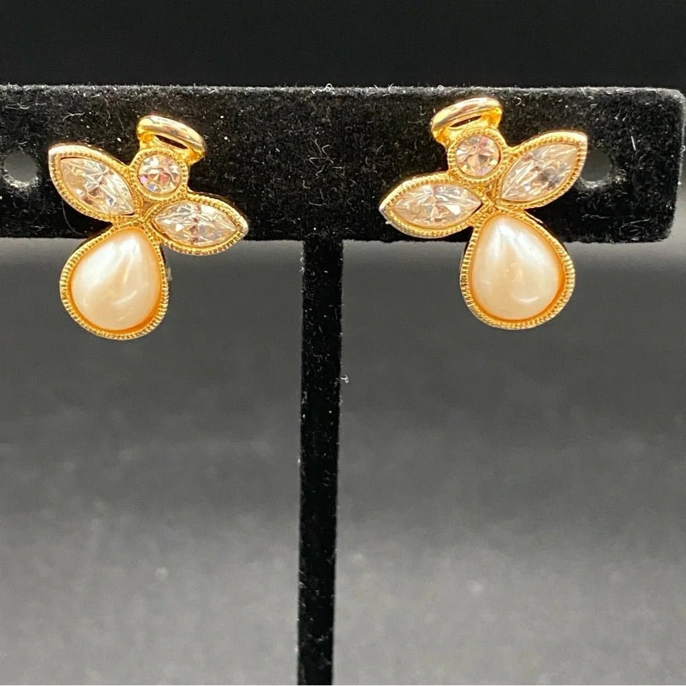 EarringsAvon Angel Faux Pearl & Crystal Clip-On Earrings — Gold Tone