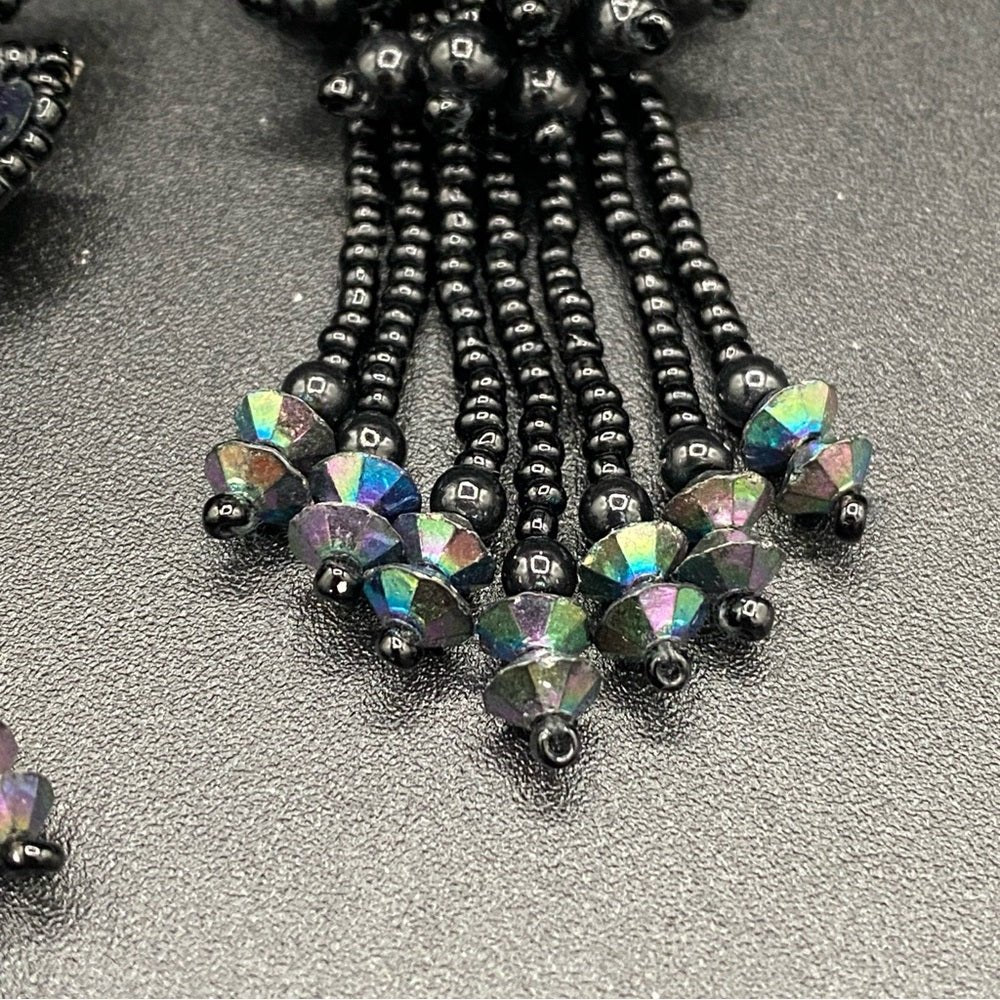 EarringsBeaded Sequin Earrings — Leather Backed with AB Rhinestone Fringes - Native American