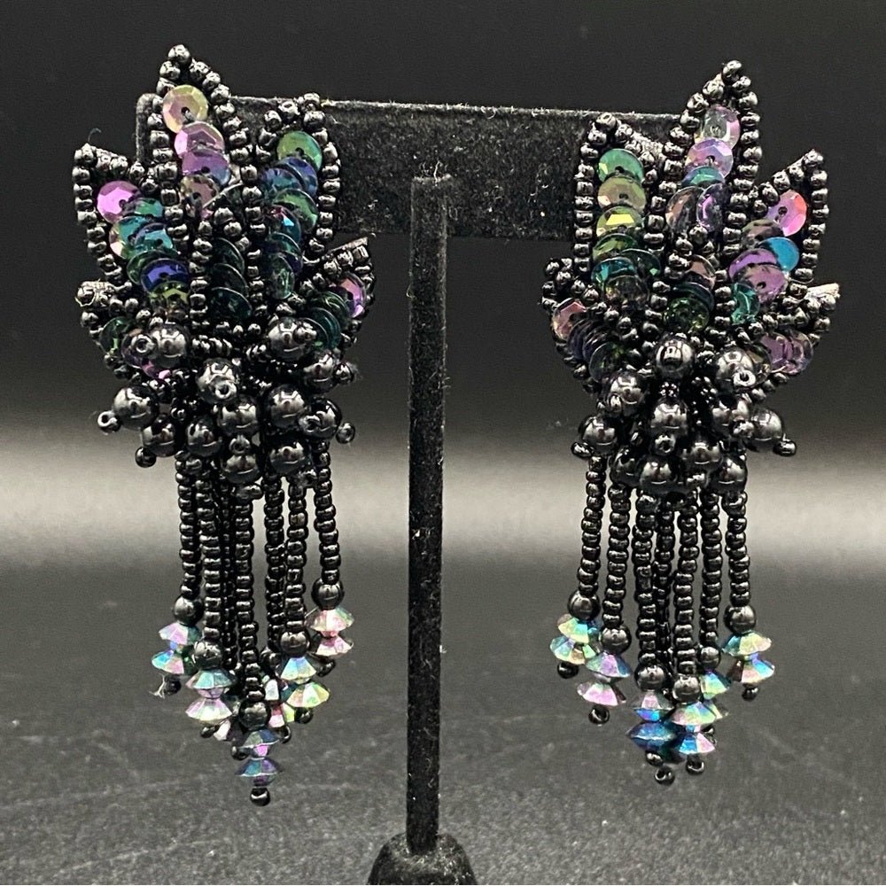 EarringsBeaded Sequin Earrings — Leather Backed with AB Rhinestone Fringes - Native American