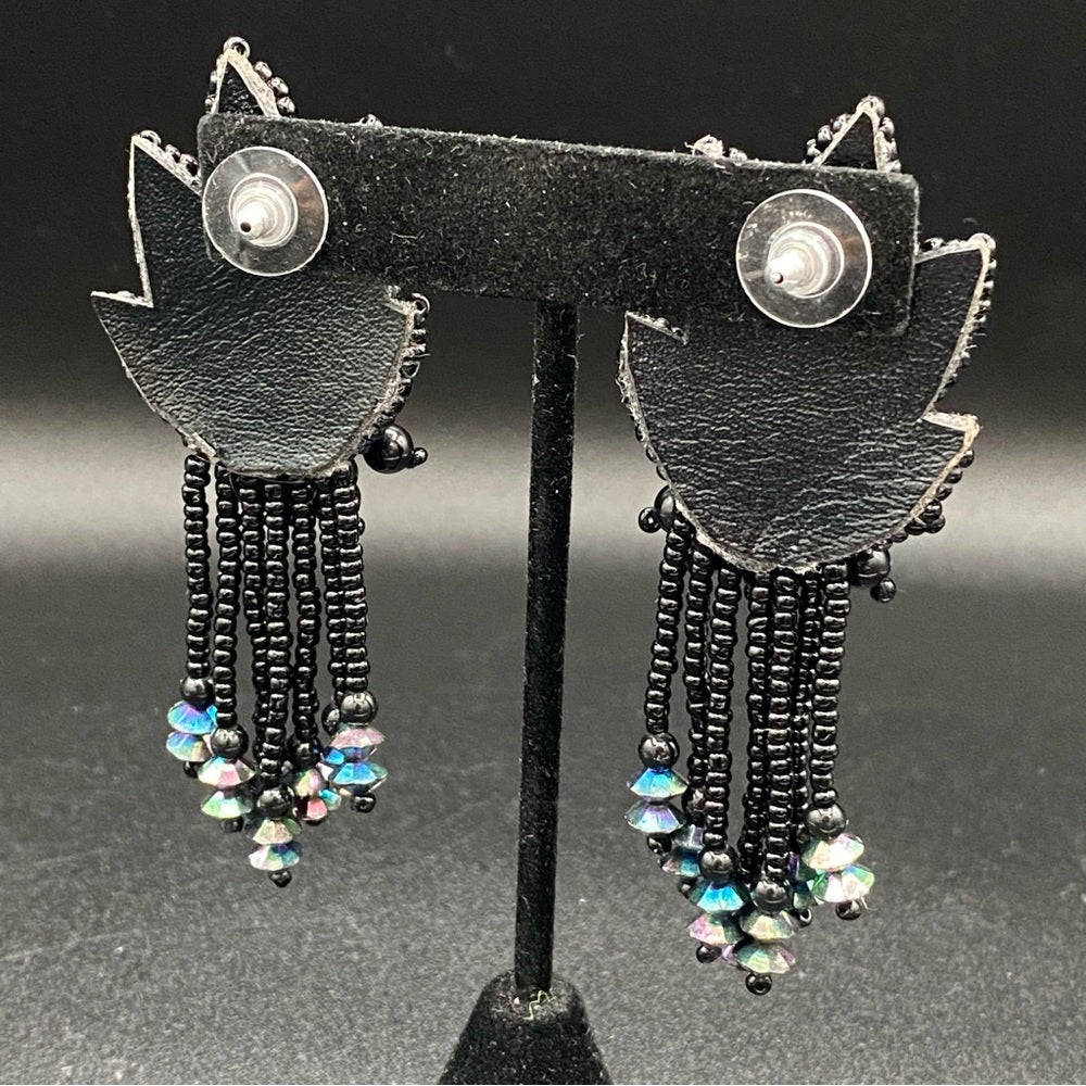 EarringsBeaded Sequin Earrings — Leather Backed with AB Rhinestone Fringes - Native American