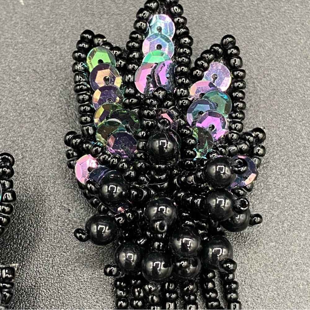 EarringsBeaded Sequin Earrings — Leather Backed with AB Rhinestone Fringes - Native American
