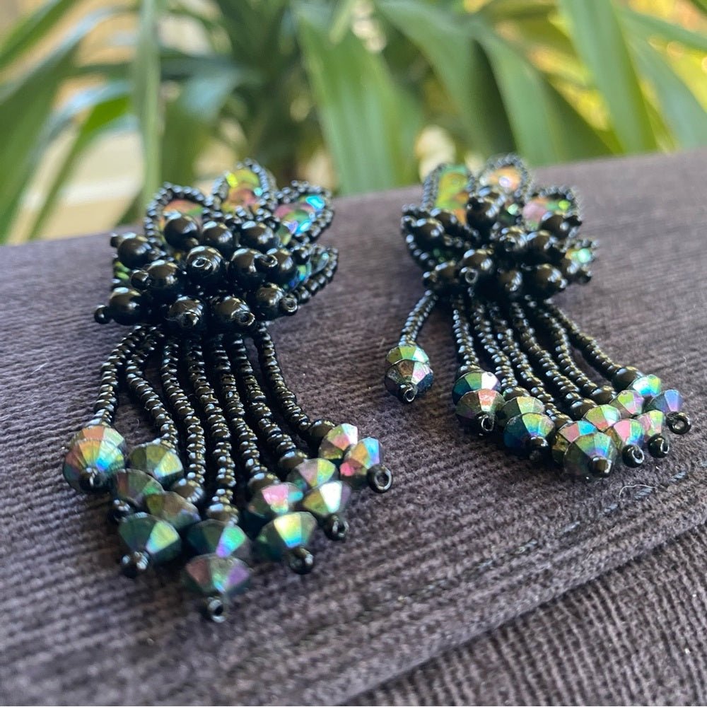 EarringsBeaded Sequin Earrings — Leather Backed with AB Rhinestone Fringes - Native American