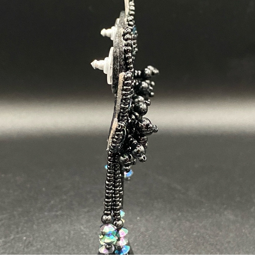EarringsBeaded Sequin Earrings — Leather Backed with AB Rhinestone Fringes - Native American