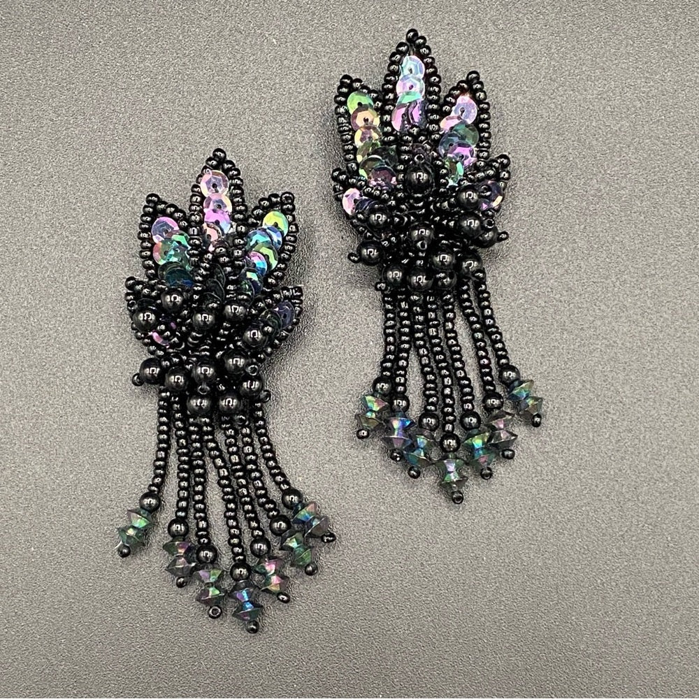 EarringsBeaded Sequin Earrings — Leather Backed with AB Rhinestone Fringes - Native American