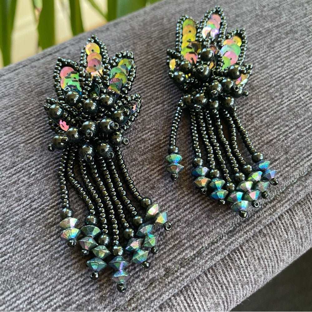 EarringsBeaded Sequin Earrings — Leather Backed with AB Rhinestone Fringes - Native American