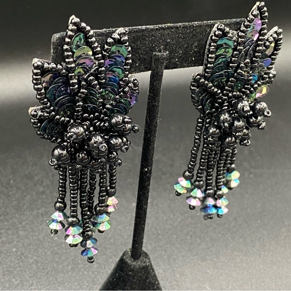 EarringsBeaded Sequin Earrings — Leather Backed with AB Rhinestone Fringes - Native American