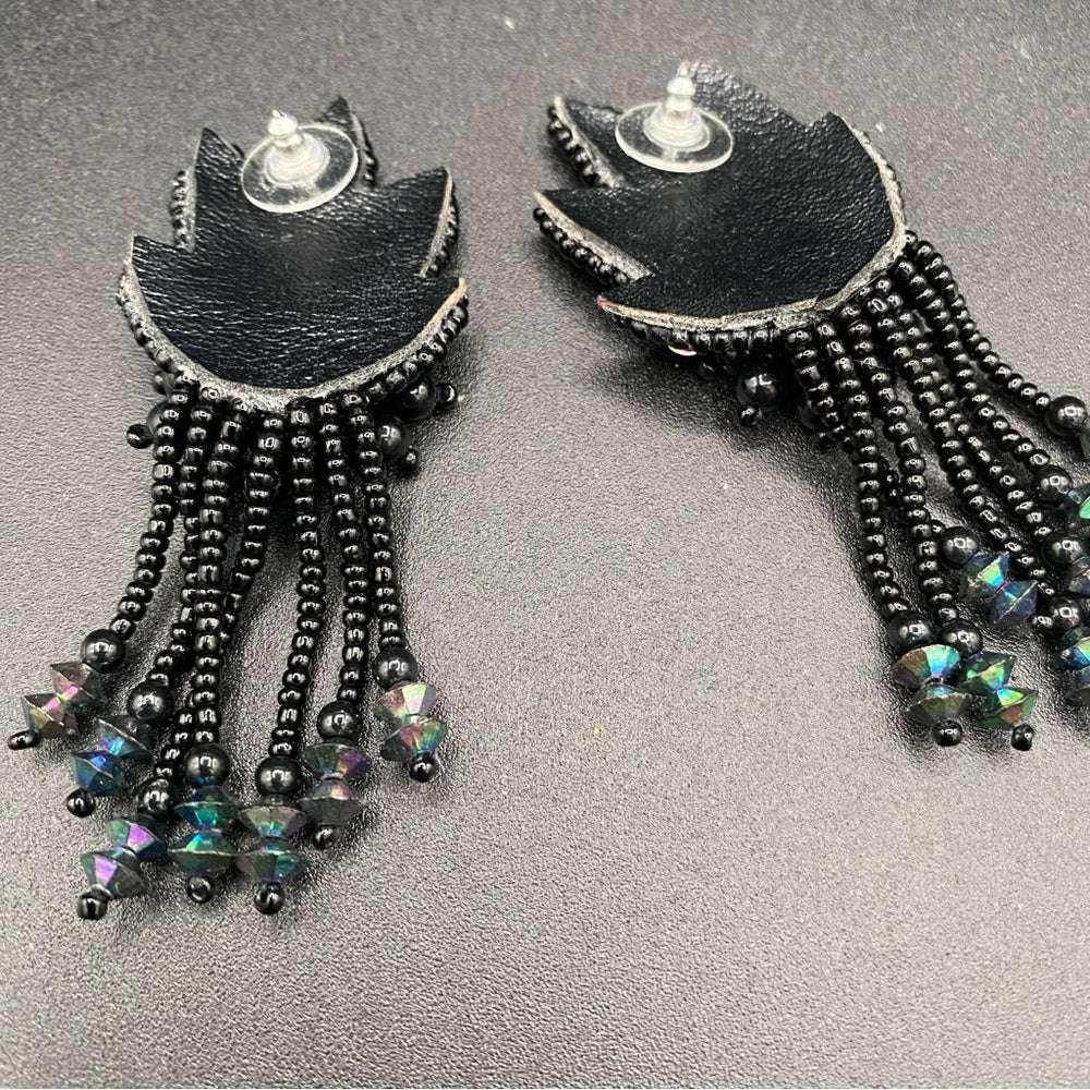 EarringsBeaded Sequin Earrings — Leather Backed with AB Rhinestone Fringes - Native American