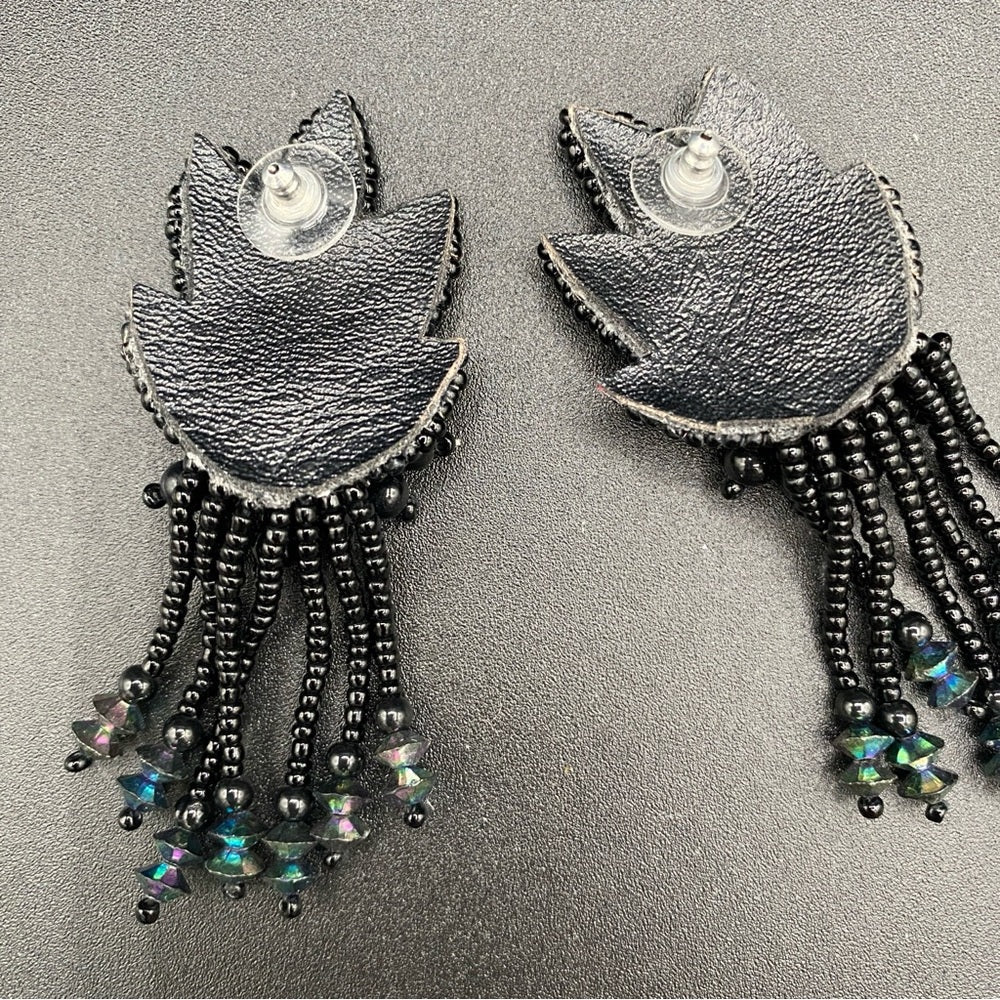 EarringsBeaded Sequin Earrings — Leather Backed with AB Rhinestone Fringes - Native American