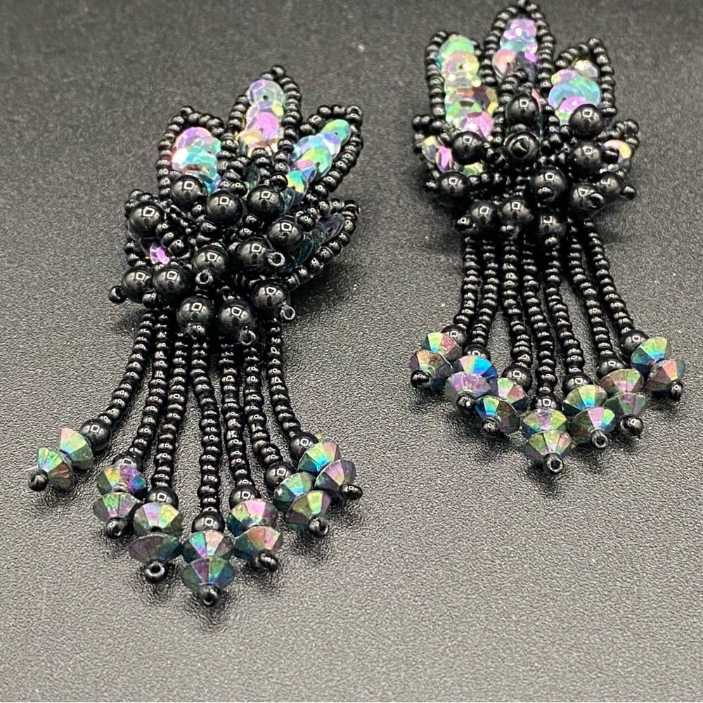 EarringsBeaded Sequin Earrings — Leather Backed with AB Rhinestone Fringes - Native American