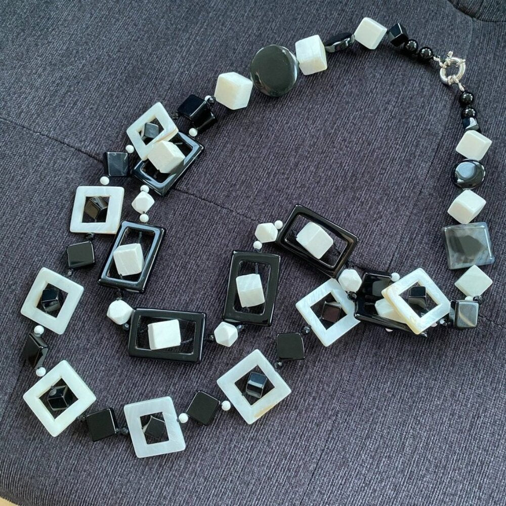 NecklaceBlack & White Mother of Pearl Statement Necklace – High End Jewelry Natural Stone