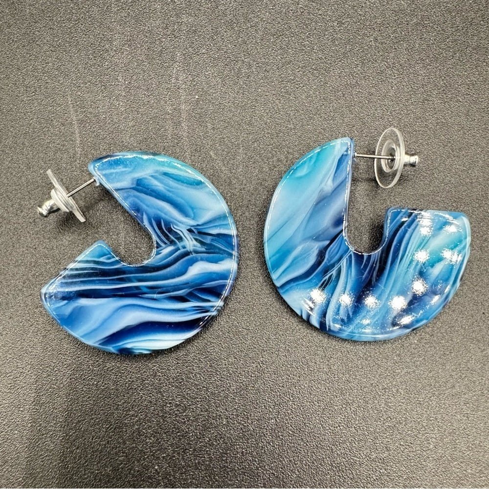 EarringsBlue & White Marble Acrylic Hoop Earrings — Pierced