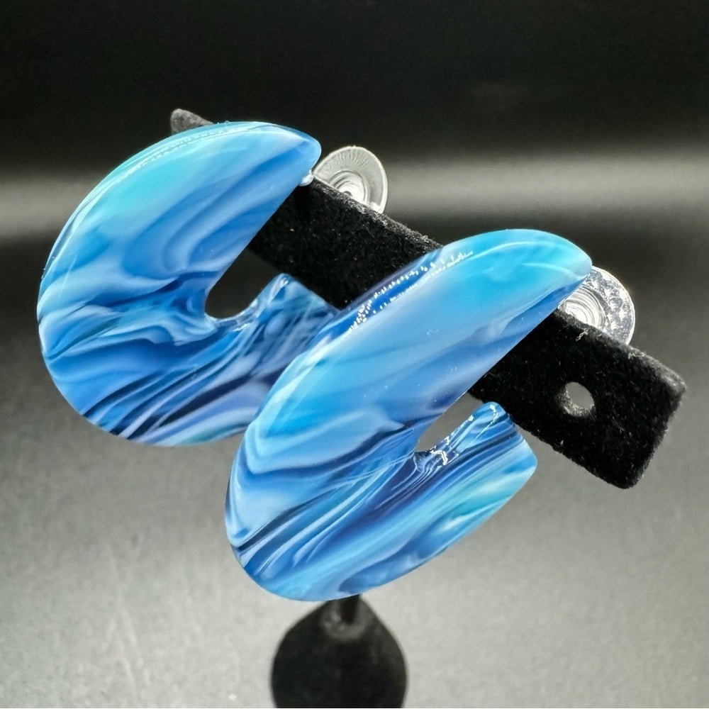 EarringsBlue & White Marble Acrylic Hoop Earrings — Pierced