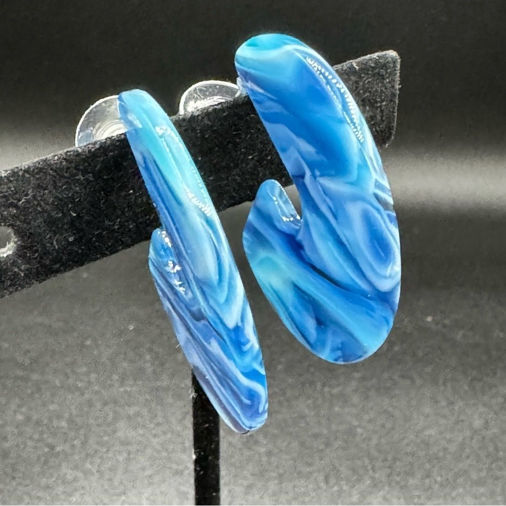 EarringsBlue & White Marble Acrylic Hoop Earrings — Pierced