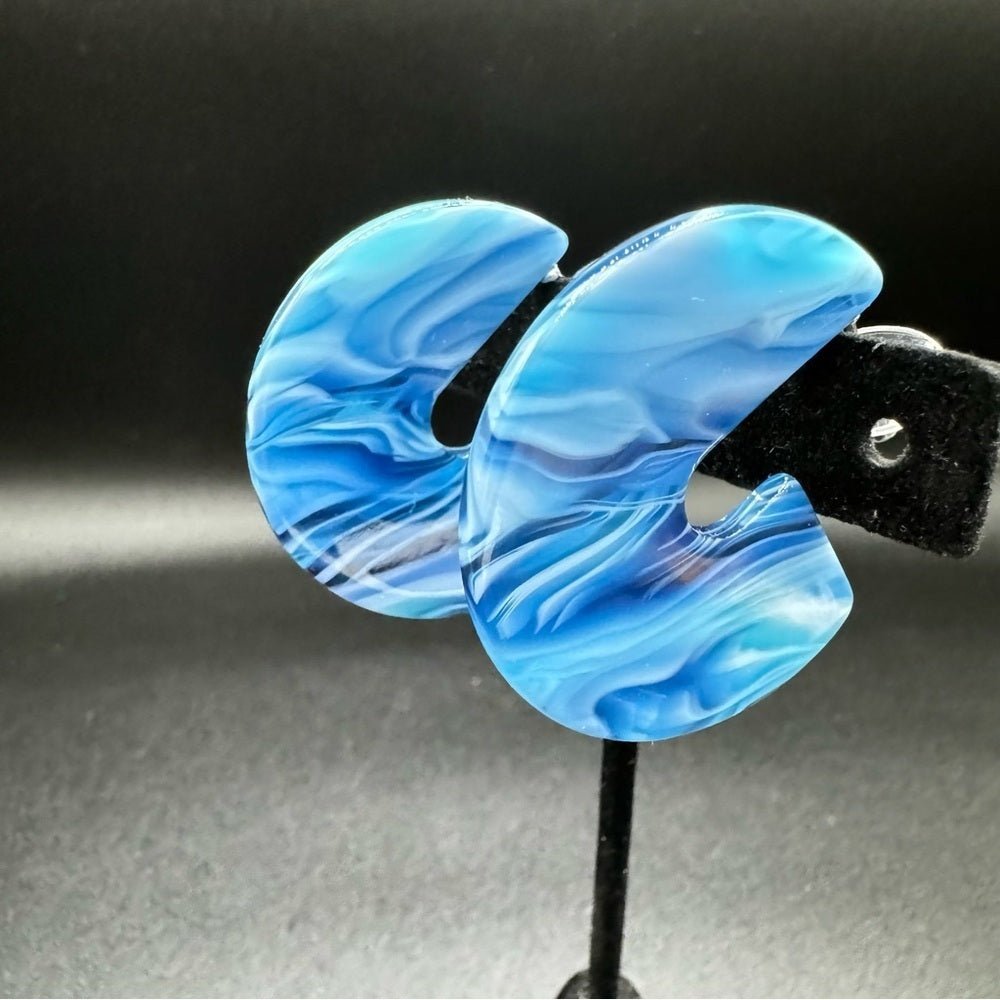 EarringsBlue & White Marble Acrylic Hoop Earrings — Pierced
