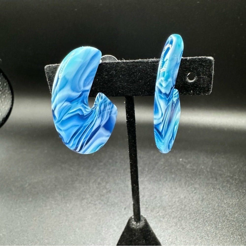 EarringsBlue & White Marble Acrylic Hoop Earrings — Pierced