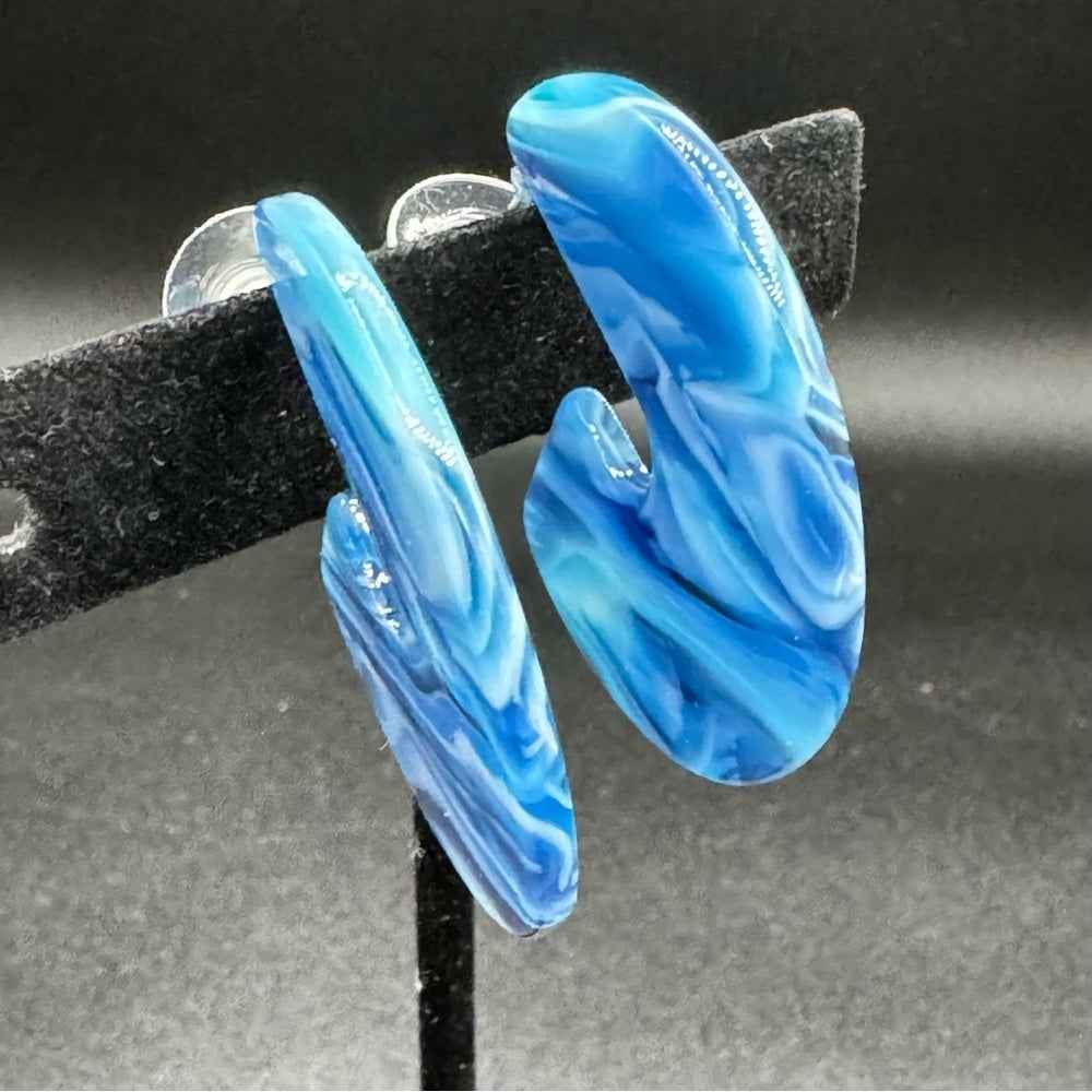 EarringsBlue & White Marble Acrylic Hoop Earrings — Pierced