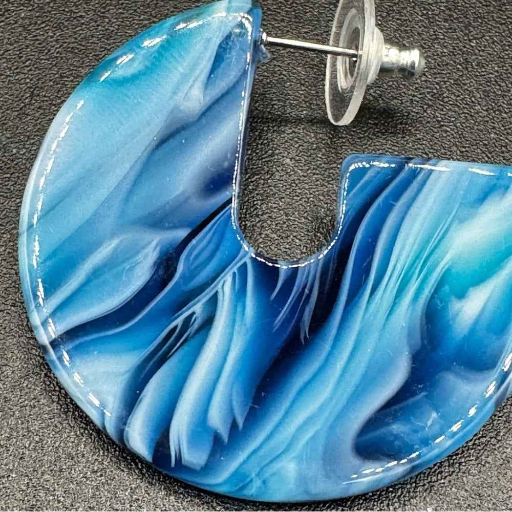 EarringsBlue & White Marble Acrylic Hoop Earrings — Pierced