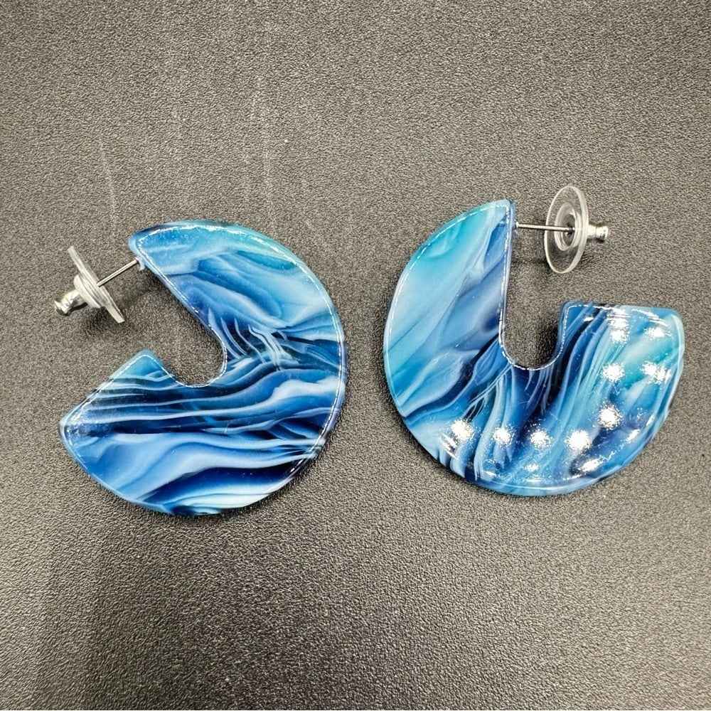 EarringsBlue & White Marble Acrylic Hoop Earrings — Pierced