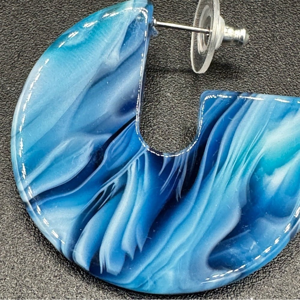 EarringsBlue & White Marble Acrylic Hoop Earrings — Pierced