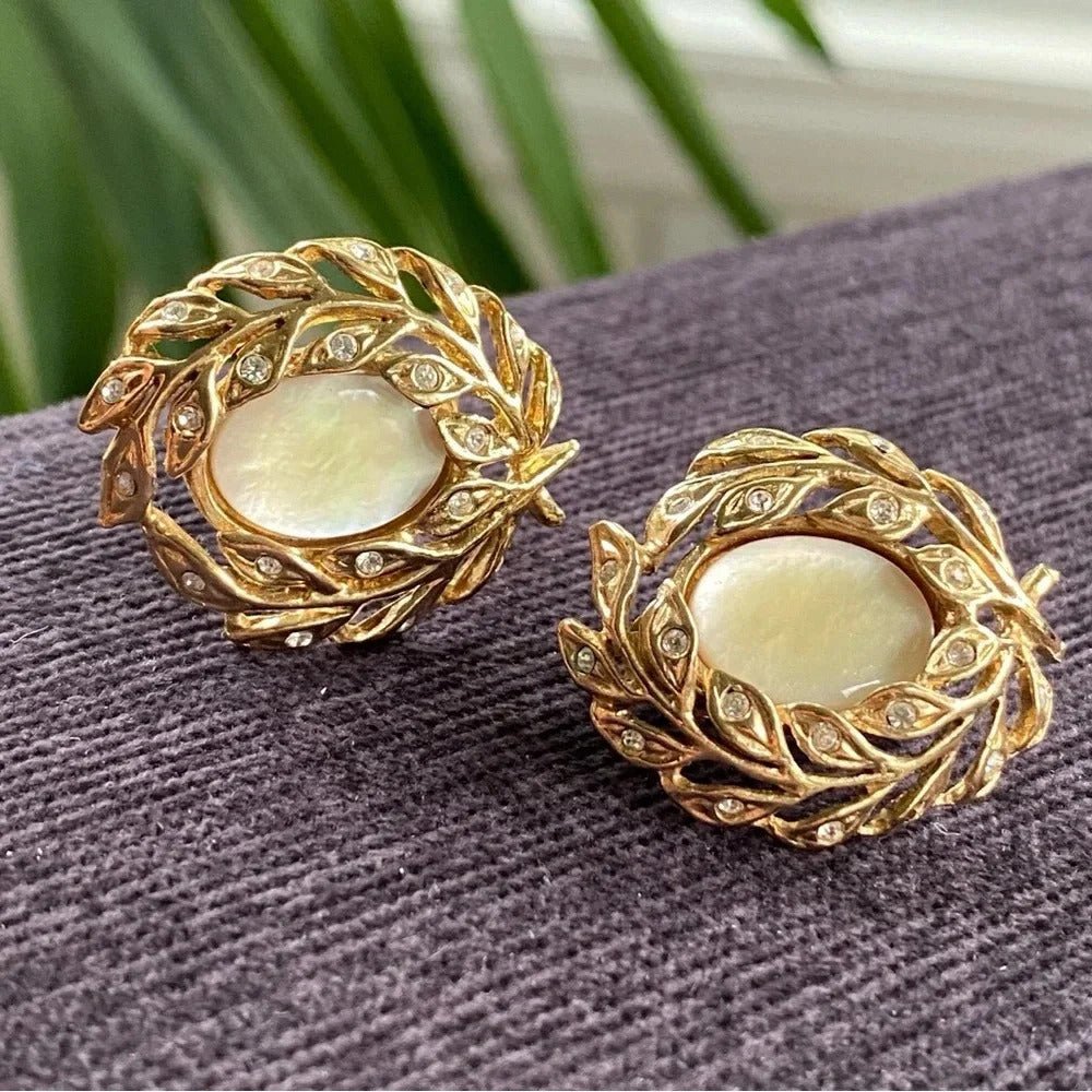 EarringsButler Signed Laurel Leaf & Mother of Pearl Gold-Tone Clip-On Earrings