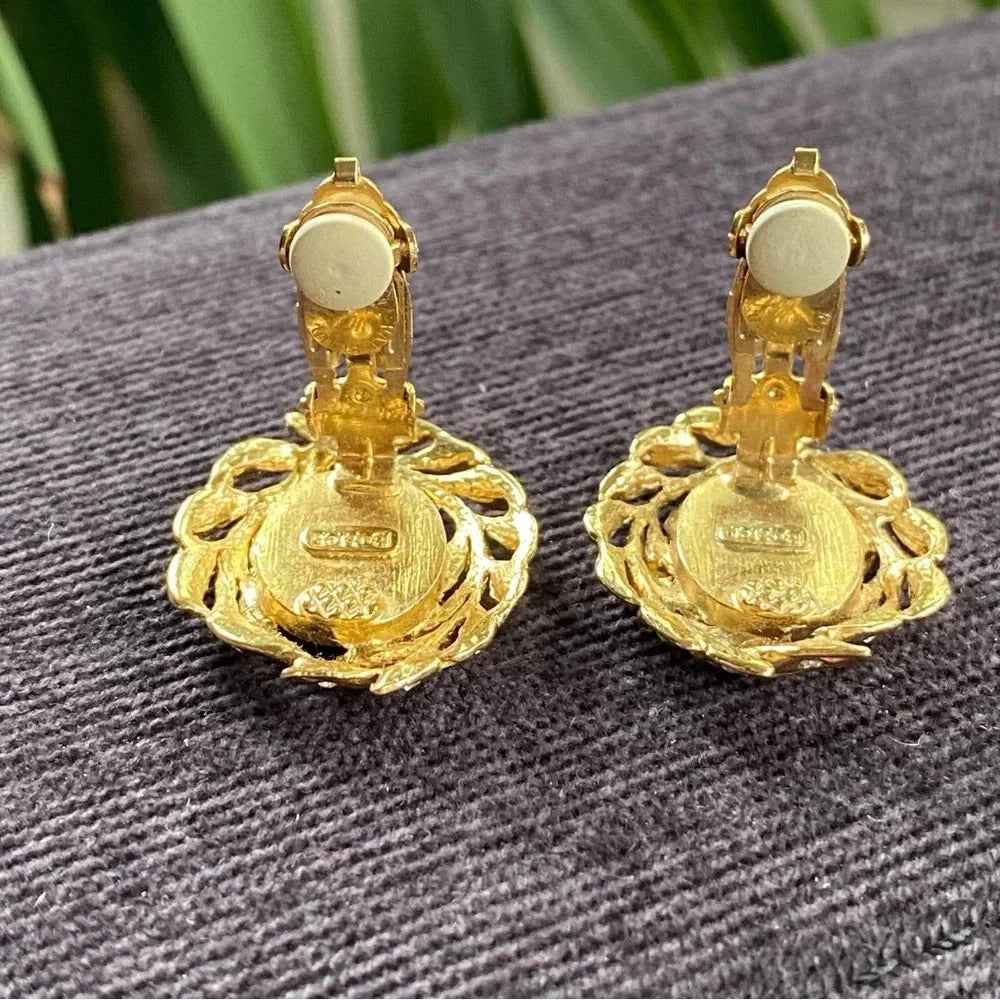 EarringsButler Signed Laurel Leaf & Mother of Pearl Gold-Tone Clip-On Earrings