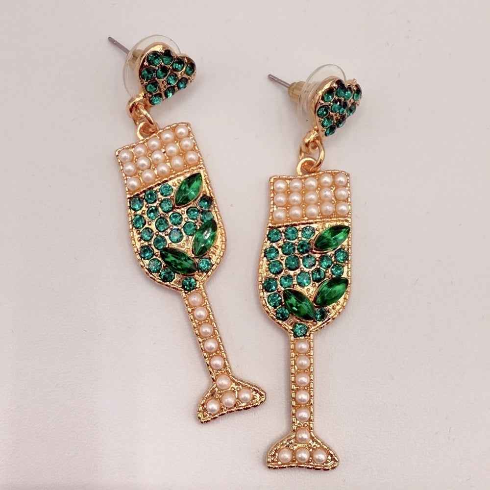 EarringsChampagne Drink Earrings in Elegant Green Rhinestone and Faux Pearl