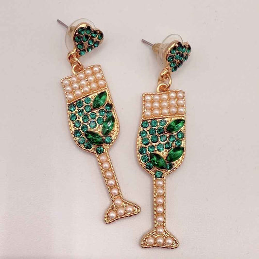 EarringsChampagne Drink Earrings in Elegant Green Rhinestone and Faux Pearl