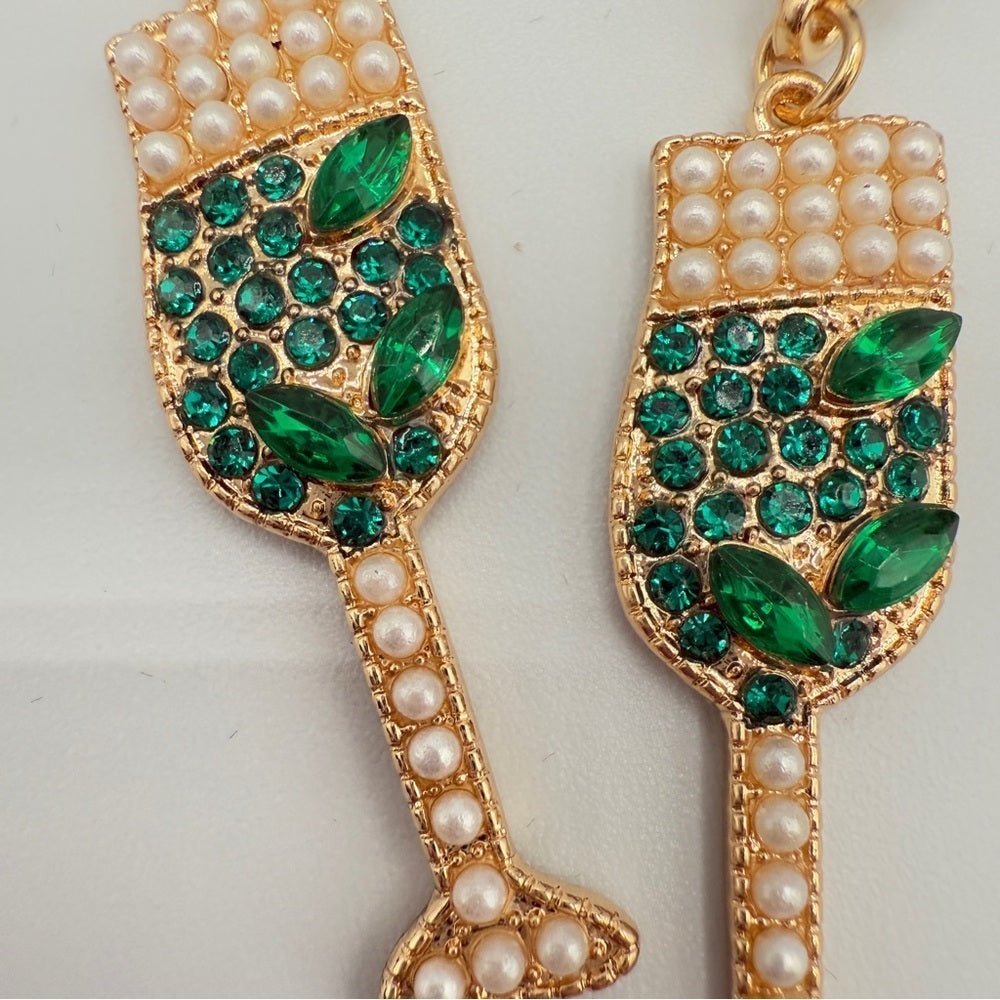 EarringsChampagne Drink Earrings in Elegant Green Rhinestone and Faux Pearl