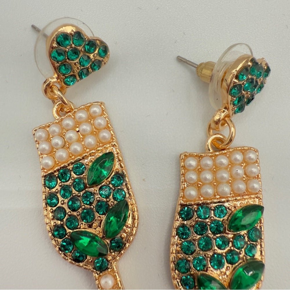EarringsChampagne Drink Earrings in Elegant Green Rhinestone and Faux Pearl