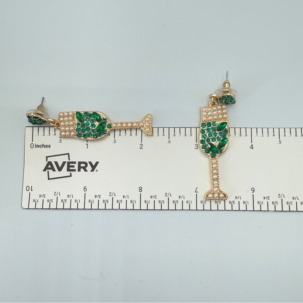 EarringsChampagne Drink Earrings in Elegant Green Rhinestone and Faux Pearl