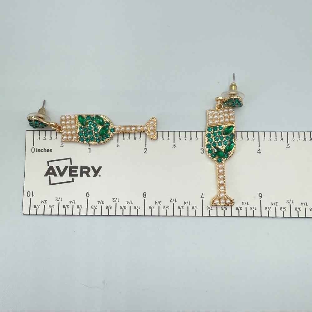 EarringsChampagne Drink Earrings in Elegant Green Rhinestone and Faux Pearl
