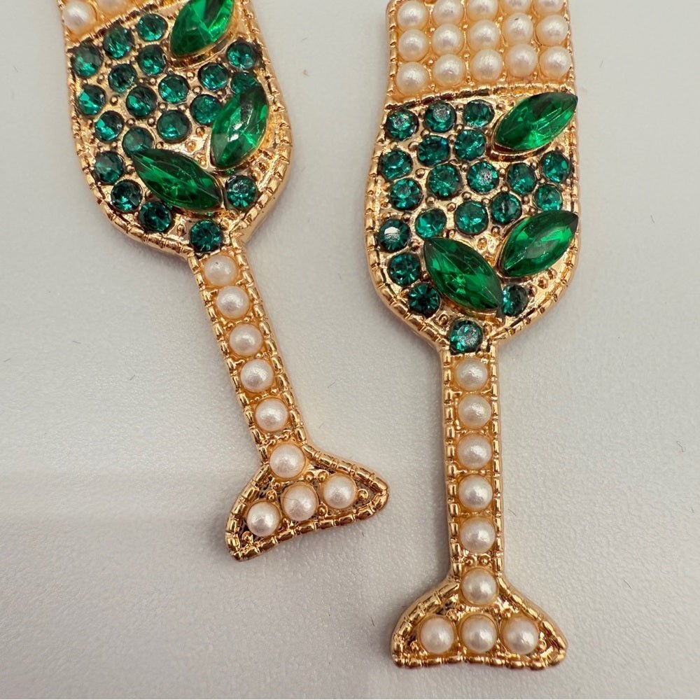 EarringsChampagne Drink Earrings in Elegant Green Rhinestone and Faux Pearl