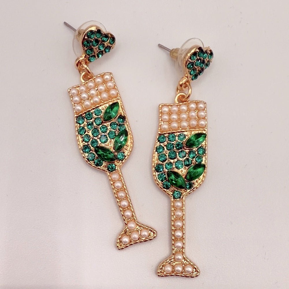 EarringsChampagne Drink Earrings in Elegant Green Rhinestone and Faux Pearl
