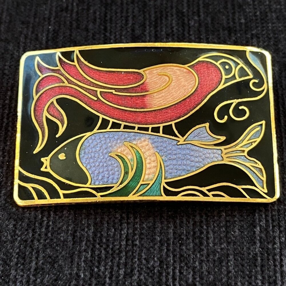 PinsCloisonne Brooch with Bird and Fish Motif on a Gold Tone Setting