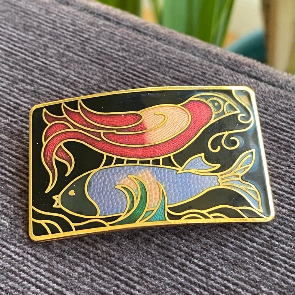 PinsCloisonne Brooch with Bird and Fish Motif on a Gold Tone Setting