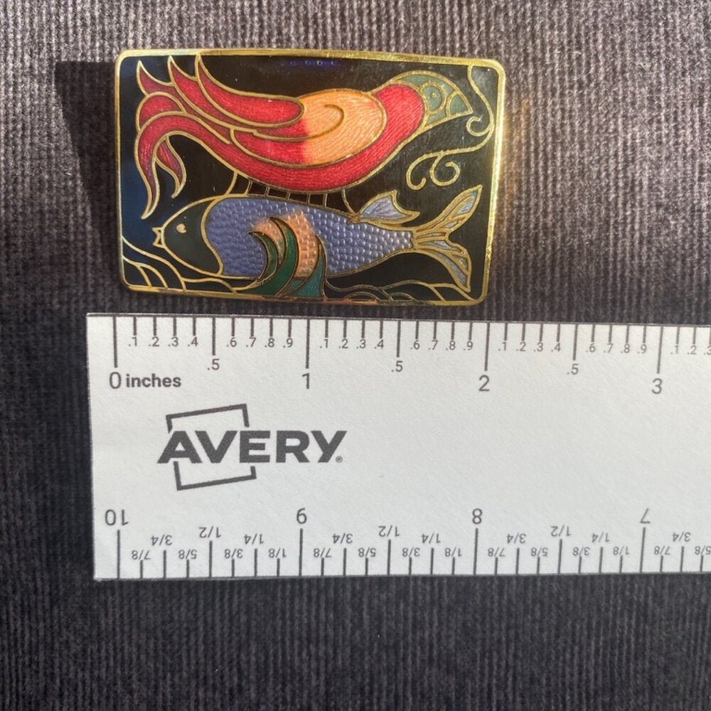 PinsCloisonne Brooch with Bird and Fish Motif on a Gold Tone Setting