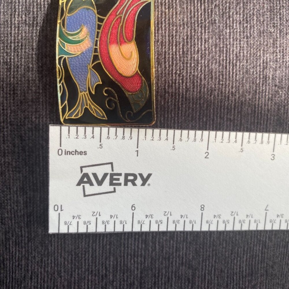 PinsCloisonne Brooch with Bird and Fish Motif on a Gold Tone Setting
