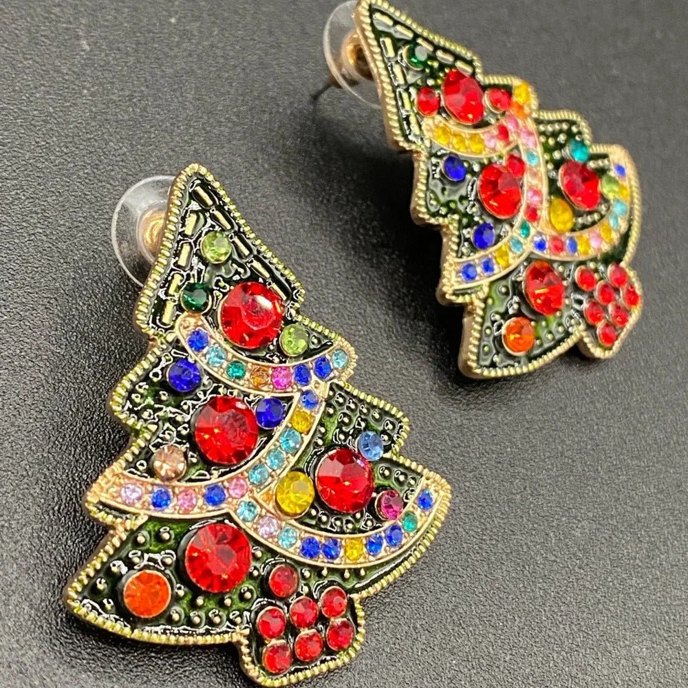 EarringsDramatic Black & Red Rhinestone Christmas Tree Earrings — Pierced