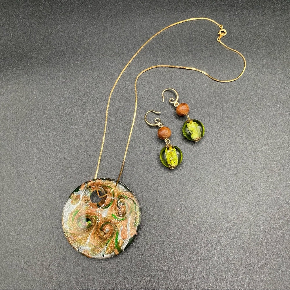 SetsExquisite Murano Glass Pendant and Earring Set in Green and Gold Swirl